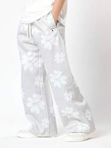 Quần nỉ ống rộng in hoa SUMWON, quần jogger cạp chun có dây rút, quần thoải mái cho sinh hoạt hàng ngày, trang phục thể thao cho giới trẻ, trang phục thường ngày cho mùa thu đông. - Màu Xám nhạt - Xem 1