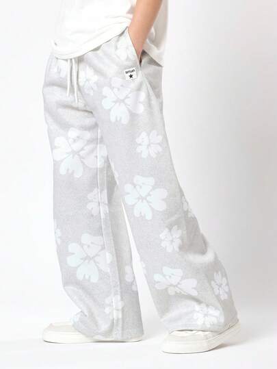  SUMWON Floral Print Wide Leg Sweatpants Wear Jogger Bottoms Drawstring Waistband Elastic Leisure Pants Comfortable Youth Activewear Holiday Vacation Casual Wear Fall Winter Vacation