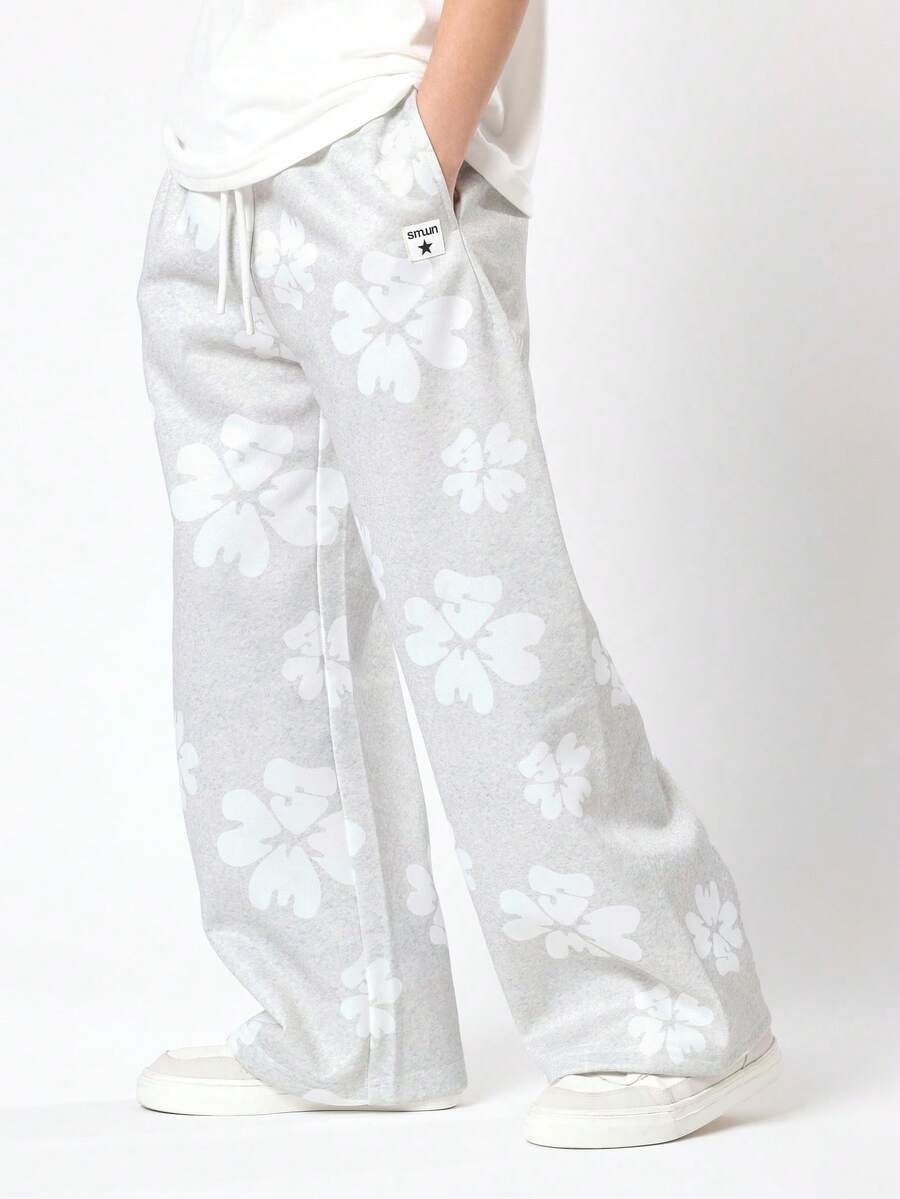 Quần nỉ ống rộng in hoa SUMWON, quần jogger cạp chun có dây rút, quần thoải mái cho sinh hoạt hàng ngày, trang phục thể thao cho giới trẻ, trang phục thường ngày cho mùa thu đông. - Màu Xám nhạt - Xem 1