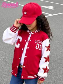 SHEIN Streecool Kids Streecool Tween Girl Girls Casual Comfortable Fashionable Design Daily Versatile Graphic Letter & Number Bomber Jacket, Autumn/Winter Fall