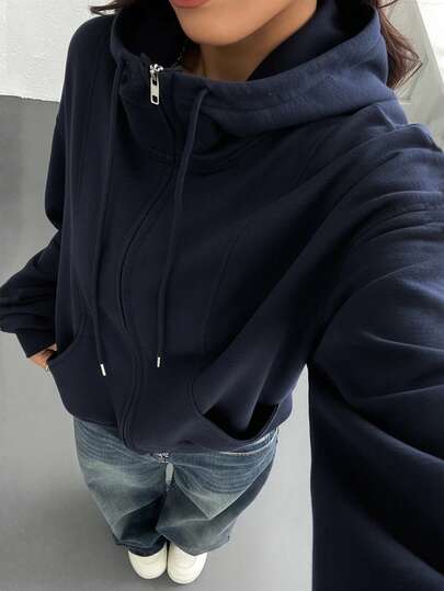 SHEIN EZwear 藏蓝色纯色前拉链长袖口袋卫衣，女士休闲加大码秋冬服装