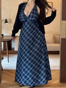 Vibekara Plus Size 2-Piece Set: V-Neck Sleeveless Maxi Dress + Stylish Long Sleeve Cardigan, Plaid Pattern, High-Quality Chic Outfit Low Cut Dress Long Sleeve Long Dress Plaid Dress Women Deep V Dress Plaid Two Piece Set