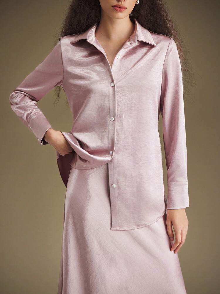 Elegant & Minimalist Style, Light Pink, Satin Material, Lapel Collar, Long Sleeve, Waist Tie, Shell Button, Women's Shirt, Women's Top, Minimalist Design, Everyday Wear, Business Commute, New Collection 2025 Modern Urban Casual Fashion Business Casual Women's Office Wear Low-Key Old Money Style Effortless Temperament High-End Urban Commuting High-Quality Airport Women's Wear High-End Material High-End, Elegant, Old-Fashioned Cruise Clothing Wedding Guest Dress For Women
