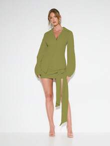 KIZN Elegant Pinstripe Asymmetric Mini Dress Shirt Puff Sleeve V Neck Office Workwear Button Down Collared Blouse Fall Winter Business Attire - Khaki - View 4