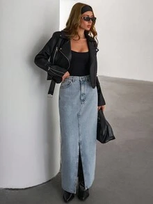 EURMUSE Zip Up PU Belted Detailed Leather Moto Jacket, For Autumn/Winter - Black - View 3