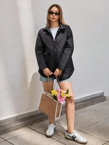 SHEIN Cottnline Quilted Jacket, Button Up Puffer, Lightweight Outerwear, Casual Fall Coat, Casual Street Style - Black - View 7
