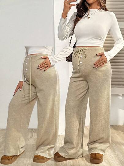 SHEIN 孕妇纯色抽绳腰纽扣设计宽松阔腿休闲裤