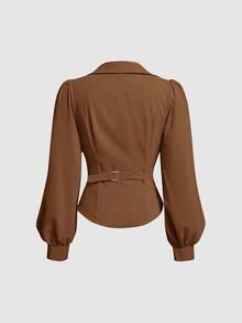 SHEIN MOD 大码女式 V 领裹身前开襟衬衫，带灯笼袖 - 棕色 - 查看 2