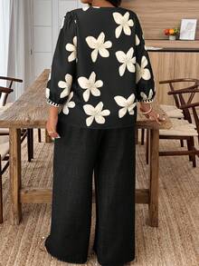EMERY ROSE 2 Peças Conjunto de Top e Calça Casuais com Estampa Floral em Decote em V, Plus Size, Outono - Multicolorido - Visão 2