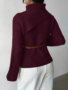 Selianne Khaki Elegant Flared Sleeve Niche Design Collar, Paired With Brown Metal Fashionable Belt, Women Sweater For Autumn/Winter - Burgundy - View 2