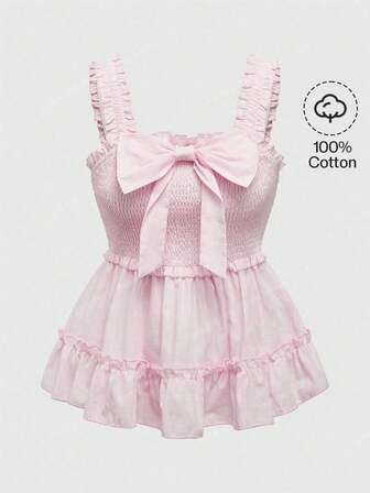 Kawaii Parte superior tipo "babydoll" casual simple para mujer con tirantes anchos y adorno de lazo