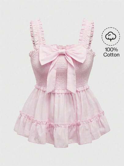 Kawaii Damen Top mit weiten Trägern und Schleifendekor, einfaches, lässiges Babydoll-Design