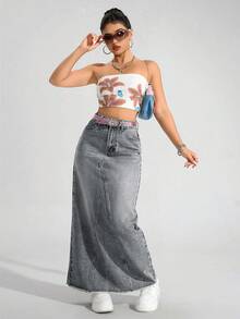 SHEIN ICON 大码女式复古水洗牛仔裙，秋冬 - 淺灰色 - 查看 5