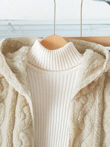 青少年女孩休闲百搭百搭家居服和学校日常粗针织条纹毛绒领前开中长款秋冬夹克 - 卡其色 - 查看 3