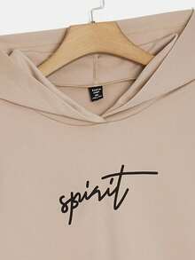 SHEIN EZwear Conjunto de 2 piezas de sudadera con capucha y pantalón de chándal con estampado de letras para tallas grandes - Caqui - Ver 5
