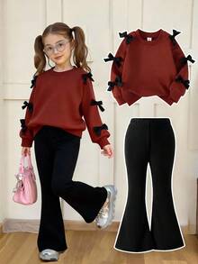 2件套年轻女孩简约时尚粉色蝴蝶结黑色上衣和粉色裤子运动服套装 - 彩色 - 查看 6