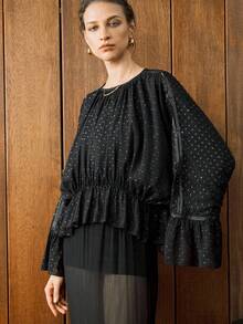 Arave 女式宽松提花网眼罩层休闲衬衫，春夏秋 - 黑色 - 查看 6