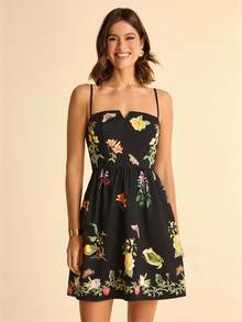 CAJUNI Women's Boho Tropical Floral & Plant Print V-Neck Camisole Dress - Black - View 3