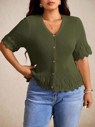 Elaquor Plus Size Casual Solid Color Short Sleeve Cardigan, Green Summer Knit Tops, Vacation Cardigan Spring