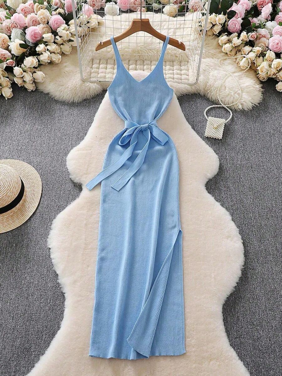 SHEIN Clasi Plus Size Elegant V-Neck Bodycon Sweater Dress - Blue - View 1