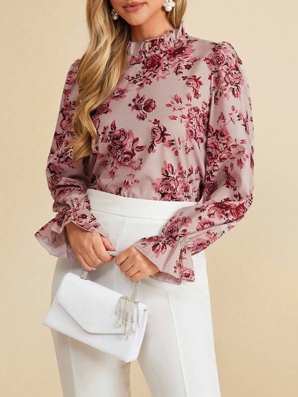 Amorya Blusa con manga abullonada, cuello con volantes y estampado floral, blusa de manga larga