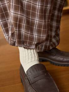 Open Phase Men's Plaid Print Pockets Parachute Wide Leg Pants, Fashion, Casual Academy Trousers, For Fall, Winter - Brown - View 7