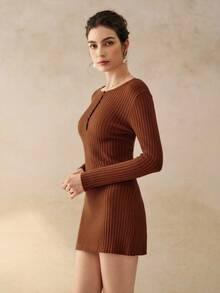 Cévolie Women's Solid Color Round Neck Long Sleeve Ribbed Button Design Casual Knitted Dress, Autumn