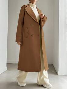 EURMUSE 女士时尚立领翻领长款针织外套，秋冬季女士休闲双纽扣，口袋常规袖翻领常规版型驼色纯色女士大衣，休闲日常穿着 - 駝色 - 查看 3
