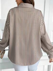 Calvaya Plus Size Striped Button-Front Long Sleeve Shirt, Suitable For Commuting, Autumn - Multicolor - View 2
