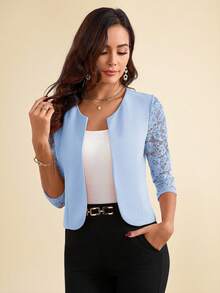 SHEIN Clasi Women's Sleeve Lace Patchwork Open Front Blazer Jacket In Fall/Winter - Baby Blue - View 4