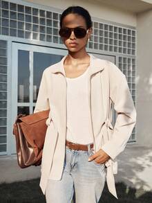 Lumivelle 女士休闲日常通勤简约纯色斜口袋系带拉链前开襟夹克，秋季 - 卡其色 - 查看 4
