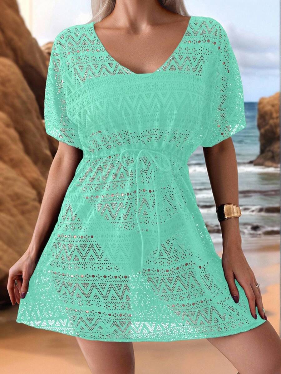 Swim Lushoire 女士 V 领无袖镂空系腰度假连衣裙