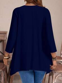 EMERY ROSE Plus Size Women Face Print Casual Asymmetrical Hem Round Neck Loose 3/4 Sleeve T-Shirt, Autumn/Winter Fall - Blue - View 2