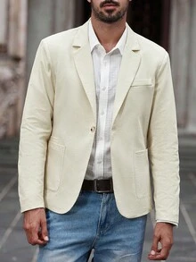 Manfinity Bizformal 男士修身西装外套，商务休闲通勤西装外套，米色配黑色包边口袋设计，时尚百搭 - 杏色 - 查看 3