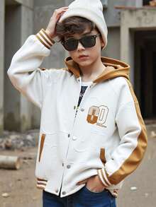 Casual Textured Fabric Hooded Jacket For Tween Boy Suitable For Daily Casual And School Wear - White - View 9