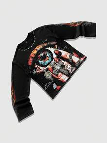 ROMWE MEN Street Life Camiseta de manga corta con estampado gráfico de texto en inglés y ojo, estilo callejero unisex, para primavera/otoño - Negro - Ver 4