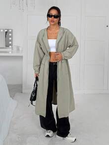 SHEIN EZwear 女款绿色中长款连帽风衣，秋季 - 綠色 - 查看 6