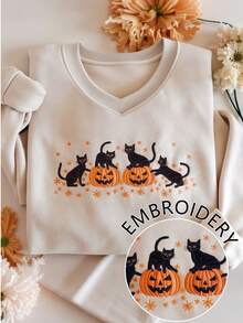 INAWLY Women's Halloween Pumpkin & Cat Embroidery V-Neck Long Sleeve Fleece Casual Sweatshirt, Autumn/Winter Fall Cloth For Women - Apricot - View 1