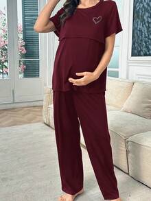 Moonlight&Mama 纯色牛奶丝心形印花孕妇睡衣套装 - 酒紅色 - 查看 6