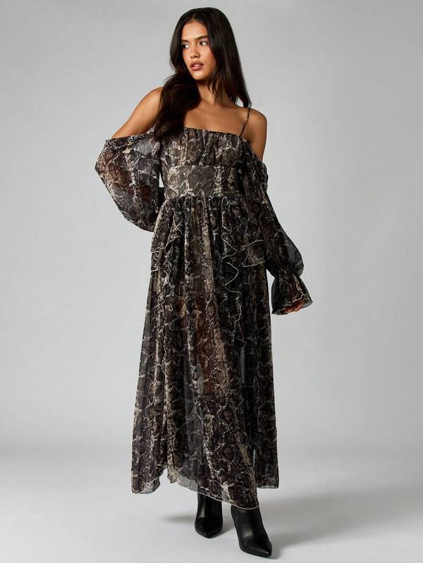 MISSGUIDED Snakeskin Print Ruffle Maxi Dress Off Shoulder Long Sleeve Empire Waist Lace Up Back Party Evening Formal Floor Length Gown Fall Winter