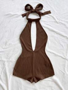 Soleia Women's Sexy Deep V-Neck Halter Backless Furry Bodysuit, Fitted For Party, Christmas, Date Night, Nightclub, Bohemian, Boho, Vacation, Fall - Brown - View 5