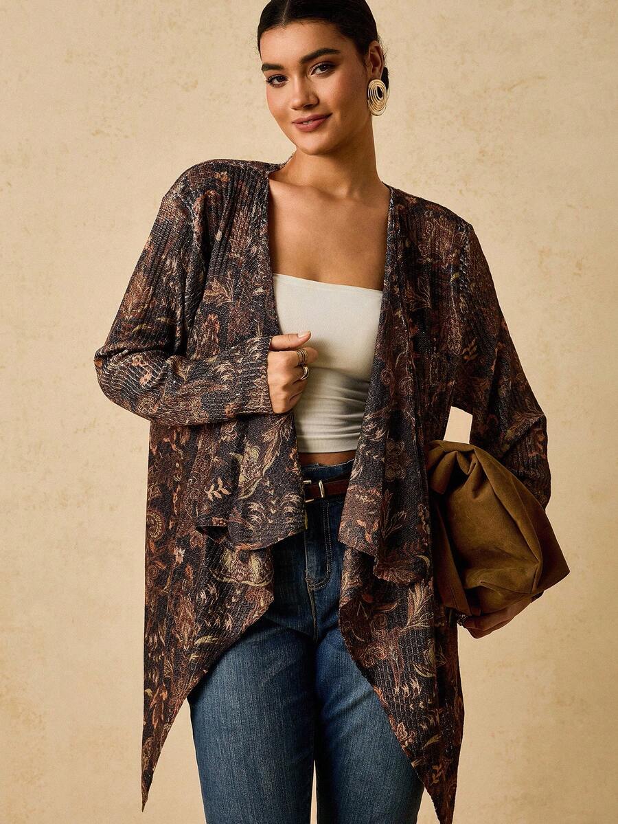 SHEIN VCAY 秋冬大码休闲波西米亚印花翻领灯笼袖女式佩斯利图案针织开衫 - 棕色 - 查看 1