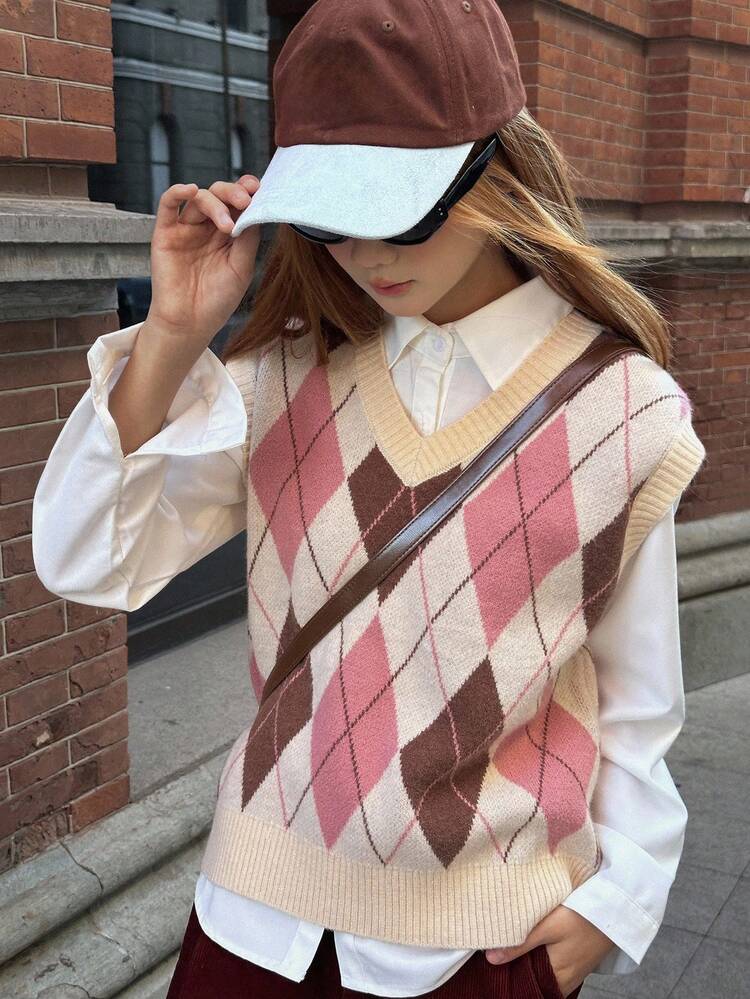 Teen Girls Loose Fit Diamond Pattern Sweater, Sweet Style For Autumn Vest