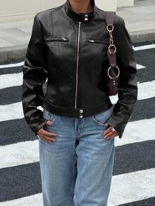 SHEIN EZwear Women's Solid Color PU Leather Zip-Up Casual Fashion Jacket Autumn Winter Clothes For Women - Black - View 5