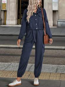 EMERY ROSE 2pcs/Set Women Solid Color Casual Button Jacket & Pants Set - Navy Blue - View 4