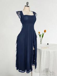 SHEIN ICON Váy ôm cổ vuông viền bèo nhún cỡ lớn, phù hợp cho đám cưới, tiệc tùng, khách dự tiệc, trang phục mùa xuân lãng mạn - Màu xanh hải quân - Xem 8