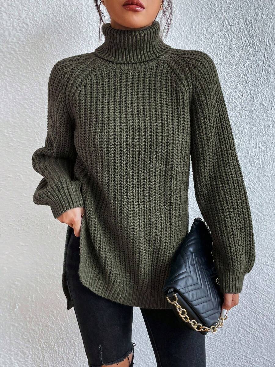 SHEIN Frenchy 女士休闲日常通勤简约纯色高领插肩袖开叉下摆罗纹针织毛衣,秋冬 - 橄欖綠 - 查看 1