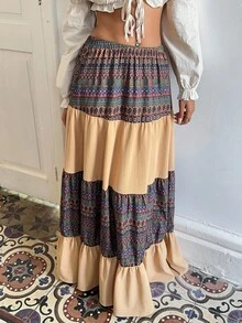 Sunnyshic Beige,Summer,Boho,Picnic,Holiday Pattern Retro Print Patchwork Low Waist Layered Ruffle Hem A-Line Maxi Skirt,Vintage Elegant Hippie Long Skirt Women - Multicolor - View 4