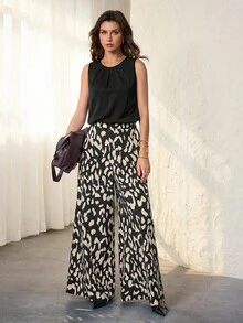 SHEIN Tall 2件套女士优雅度假舒适宽松纯色吊带背心和豹纹阔腿裤套装夏季女装豹纹雪纺 - 黑色 - 查看 10