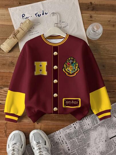 HARRY POTTER X SHEIN 青少年男孩休闲拼色字母图案圆领运动衫，秋季